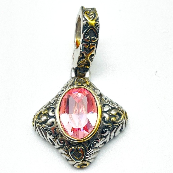 John Candice Jewelry - Signed John Candice Pink Crystal Pendant Silver Tone Filigree Vintage Charm Gift